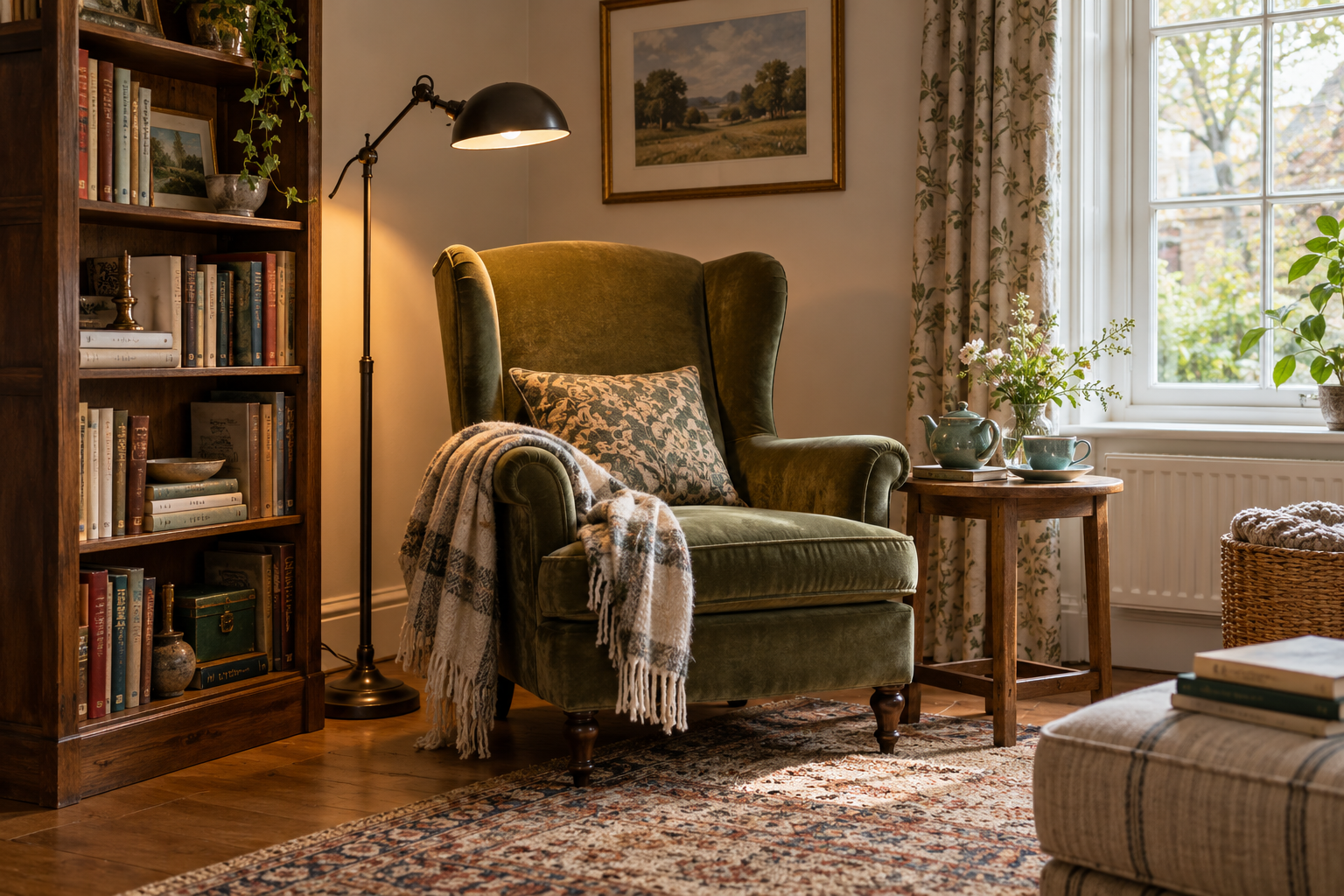 Inspirace na čtecí koutek v anglickém stylu: křeslo, lampa, knihovna, stolek s keramikou